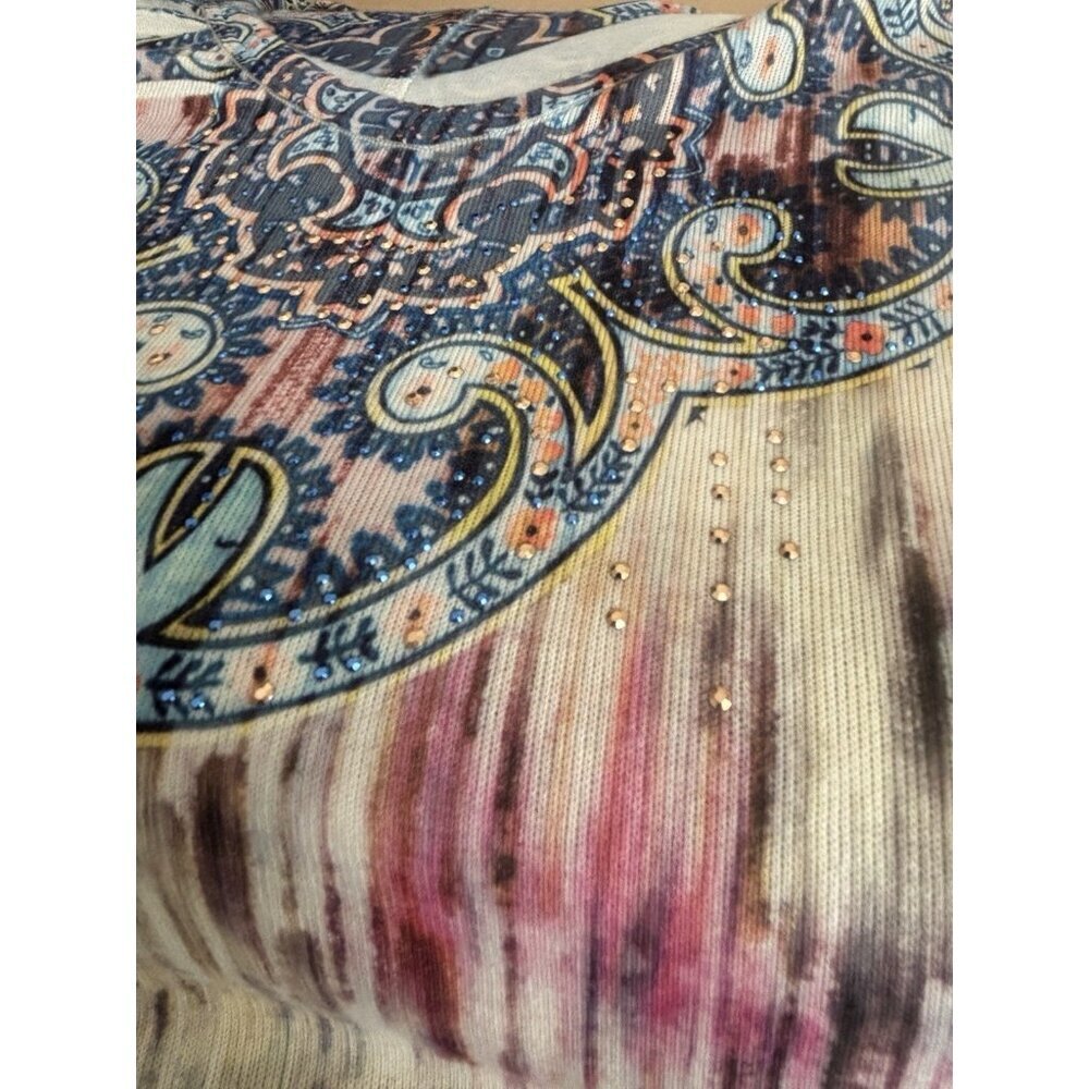 World Unity XL Multi-color Eastern Print Tunic Top Studded Asymmetrical Boho - Picture 13 of 14